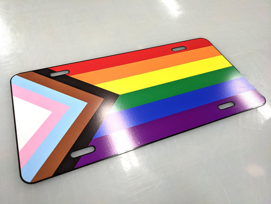 Progress Pride Flag LGBTQ POC Transgender Flag - Vibrant Color Aluminum License Plate (Black Plate)