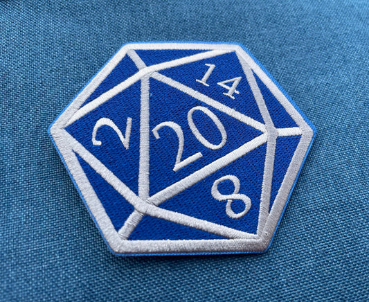 Blue and Silver D20 Dice DnD Die - 4 inch Iron-on Patch