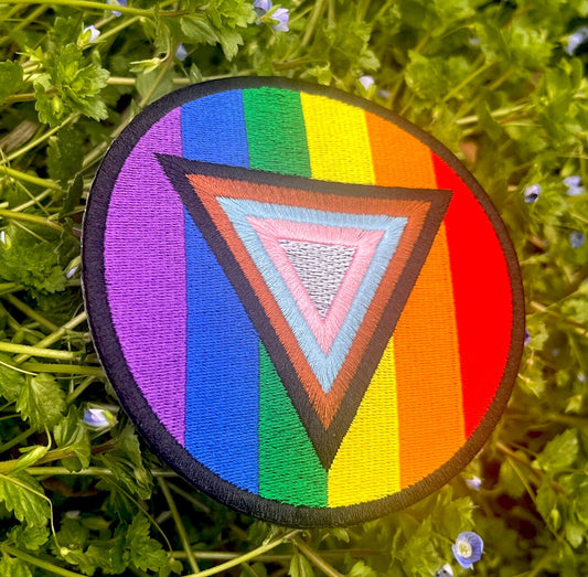 Safe Space Progress Pride Flag LGBTQ POC Transgender Flag Circle - 4 inch Iron-on Patch
