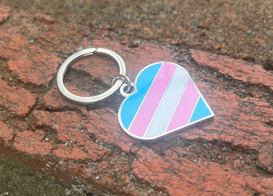 Transgender Flag Heart White Pink and Blue LGBTQ Support Pride Symbol - 1.5 inch Enamel Keychain with Keyring
