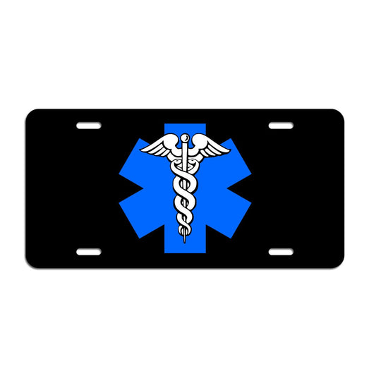 Caduceus Star of Life Symbol EMS EMT Medic - Vibrant Color Aluminum License Plate (Black Plate)