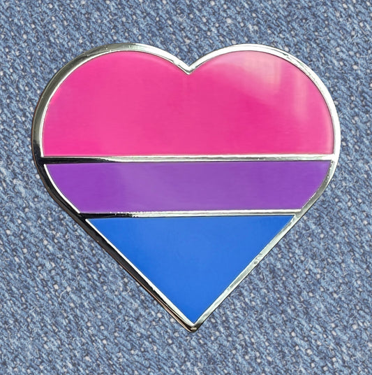Bisexual Flag Heart Enamel Pin – Pink, Purple, and Blue LGBTQ+ Pride Symbol Lapel or Fabric Pin
