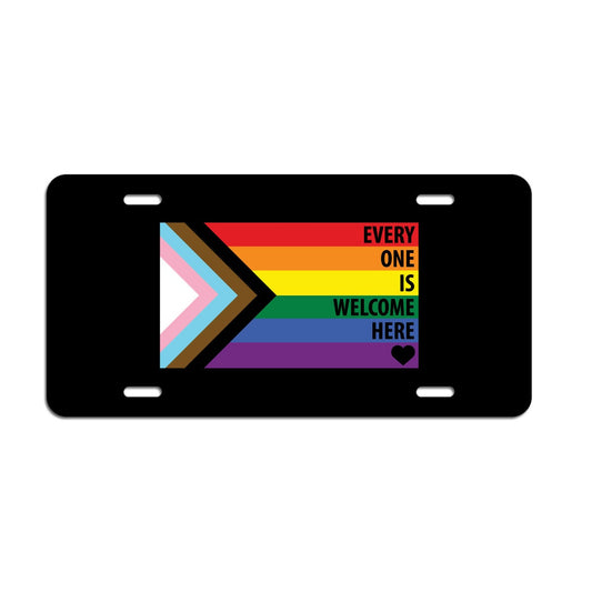 Every One Is Welcome Here Progress Pride Flag LGBTQ POC Transgender Flag - Vibrant Color Aluminum License Plate (Black Plate)