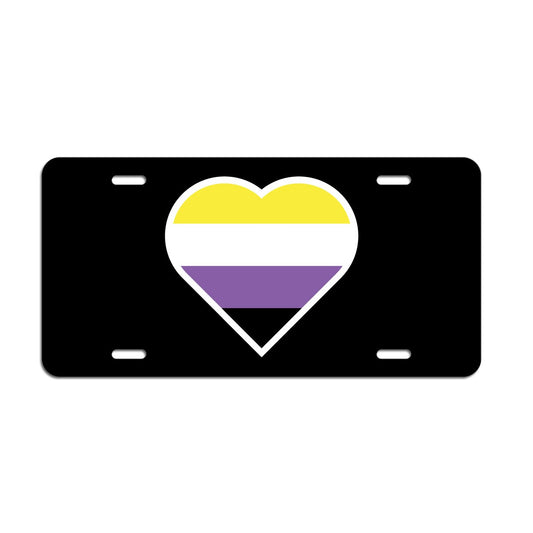 Heart Non Binary Pride Flag LGBTQ+ - Vibrant Color Aluminum License Plate (Black Plate)