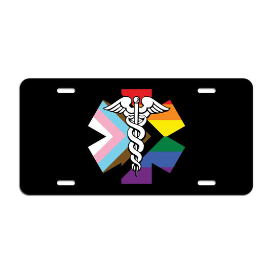 Caduceus Progress Pride Flag LGBTQ POC Transgender Flag Medical Personnel - Vibrant Color Aluminum License Plate (Black Plate)
