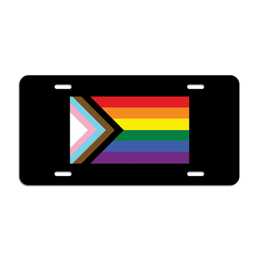 Progress Pride Flag LGBTQ POC Transgender Flag - Vibrant Color Aluminum License Plate (Black Plate)