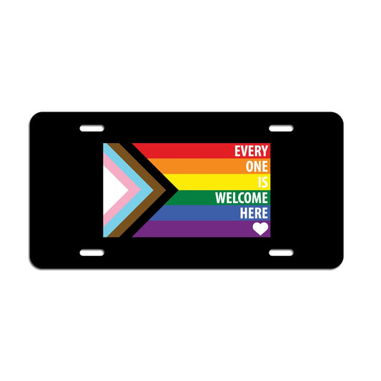 Every One Is Welcome Here Progress Pride Flag LGBTQ POC Transgender Flag White Text - Vibrant Color Aluminum License Plate (Black Plate)