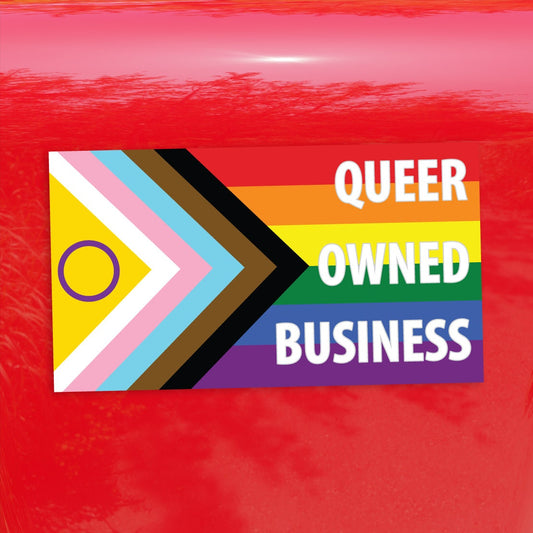 Queer Owned Business Intersex Progress Pride Flag LGBTQ POC Trans White Text - Vibrant Color Vinyl Decal Sticker