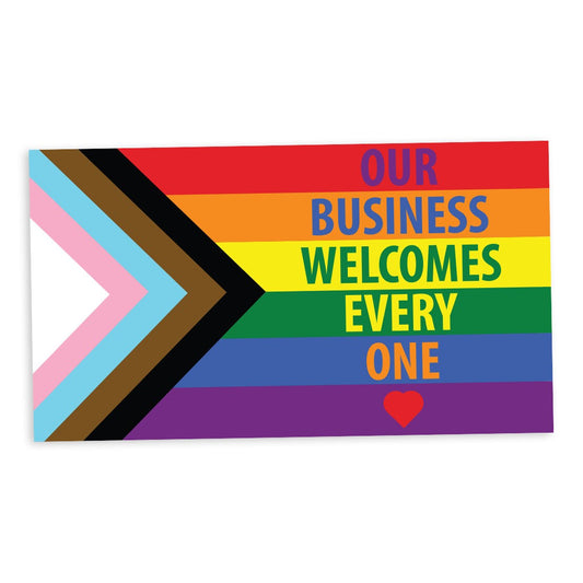 Our Business Welcomes Everyone Progress Pride Flag Red Heart - Vibrant Static Cling Window Cling - Indoor or Outdoor!