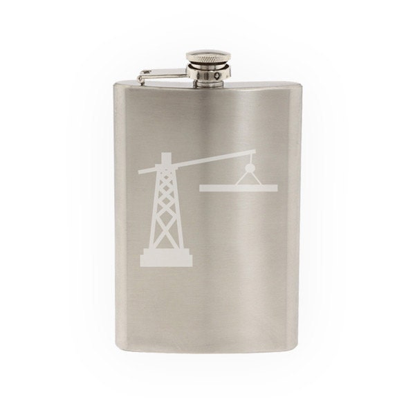 Engineering #2 - Construction Crane Building Icon Symbol- Etched 8 Oz Stainless Steel Flask