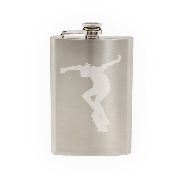 Skateboard Trick #4- Skate Shop Art Flatland Ollie Jump - Etched 8 Oz Stainless Steel Flask
