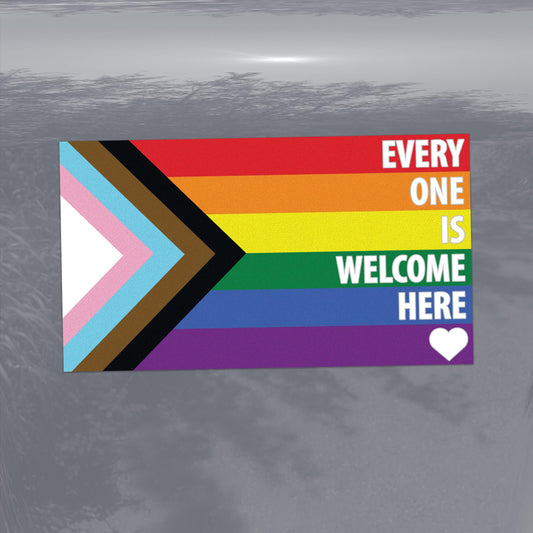 Every One Is Welcome Here Progress Pride Flag LGBTQ POC Transgender Flag White Text- Vibrant Static Cling Window Cling - Indoor and Outdoor!
