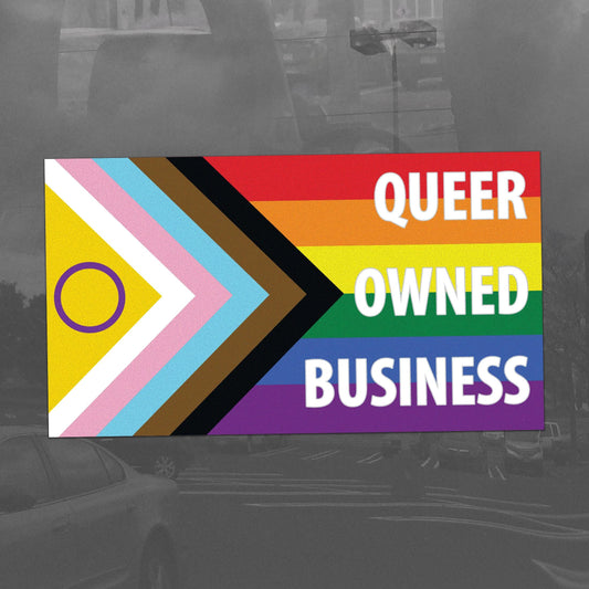 Queer Owned Business Intersex Progress Pride Flag LGBTQ POC Trans White Text - Vibrant Static Cling Window Cling - Indoor or Outdoor!