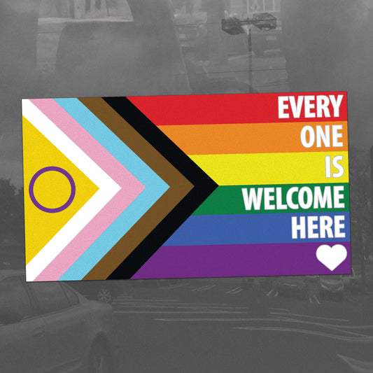 Intersex Progress Pride Flag Every One Is Welcome Here LGBTQ POC Trans White Text - Vibrant Static Cling Window Cling - Indoor or Outdoor!
