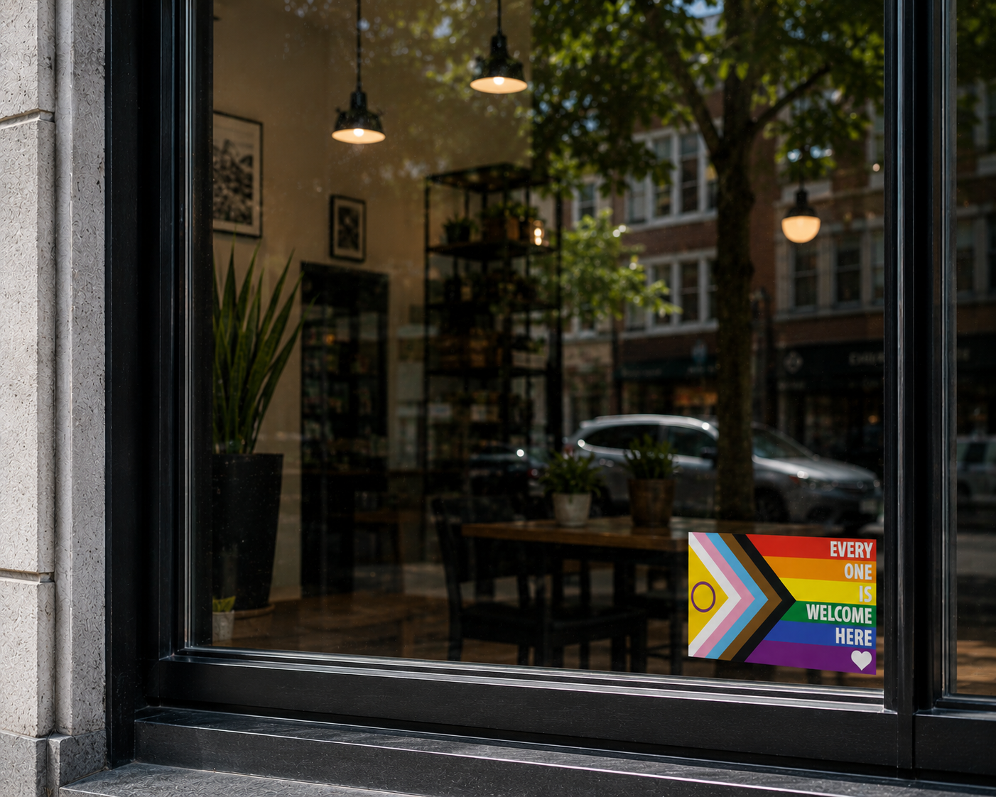 Intersex Progress Pride Flag Every One Is Welcome Here LGBTQ POC Trans White Text - Vibrant Static Cling Window Cling - Indoor or Outdoor!