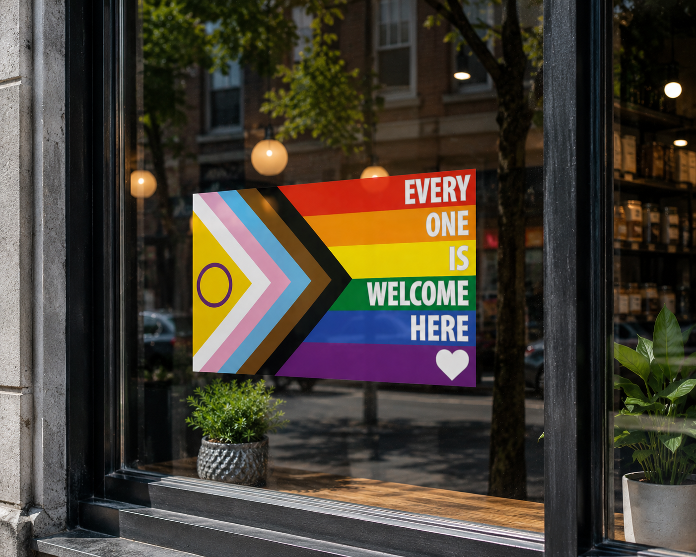 Intersex Progress Pride Flag Every One Is Welcome Here LGBTQ POC Trans White Text - Vibrant Static Cling Window Cling - Indoor or Outdoor!