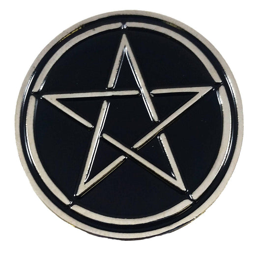 Black and Silver Pentagram Enamel Pin – 1.25 inch Occult Lapel Pin or Fabric Accessory