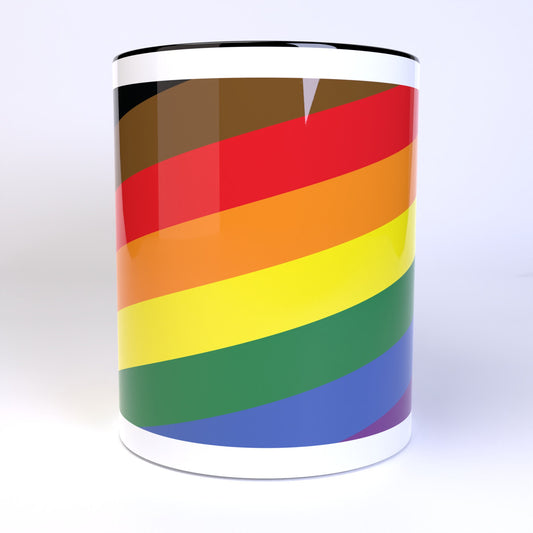 Tilted Inclusive Pride Flag Wraparound Design - 11 Ounce Ceramic Coffee Mug Teacup Black or White Handle