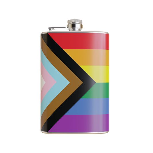 Progress Pride Flag LGBTQ POC Transgender Flag LGBTQ+ Printed Vinyl Wrapped 8 Ounce Stainless Steel Flask
