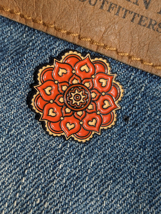 Floral Heart Mandala Orange and Beige Flower - 1 inch Enamel Pin