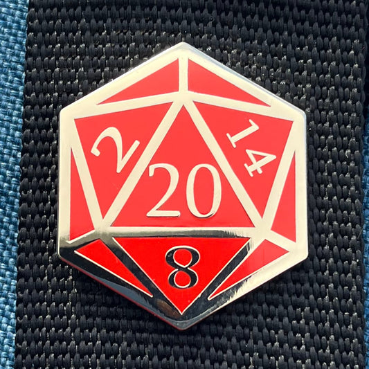 Red and Gold D20 Dice Enamel Pin – Tabletop RPG Lapel Pin for Gamers and Dungeon Masters