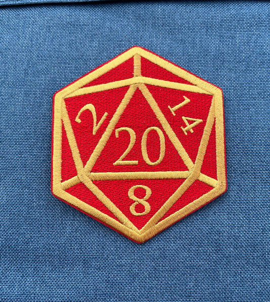 Red and Gold D20 Dice DnD Die - 4 inch Iron-on Patch
