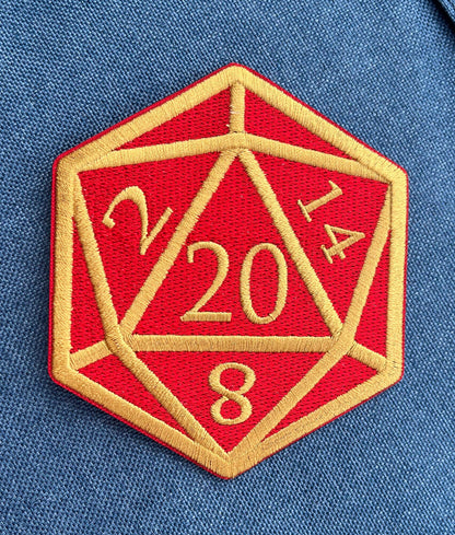 Red and Gold D20 Dice DnD Die - 4 inch Iron-on Patch