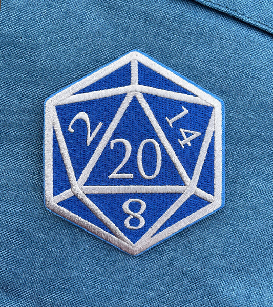 Blue and Silver D20 Dice DnD Die - 4 inch Iron-on Patch