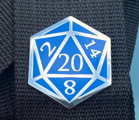 Blue and Silver D20 Dice Enamel Pin – Tabletop RPG Lapel Pin for Gamers and Dungeon Crawlers
