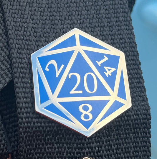Blue and Silver D20 Dice Enamel Pin – Tabletop RPG Lapel Pin for Gamers and Dungeon Crawlers