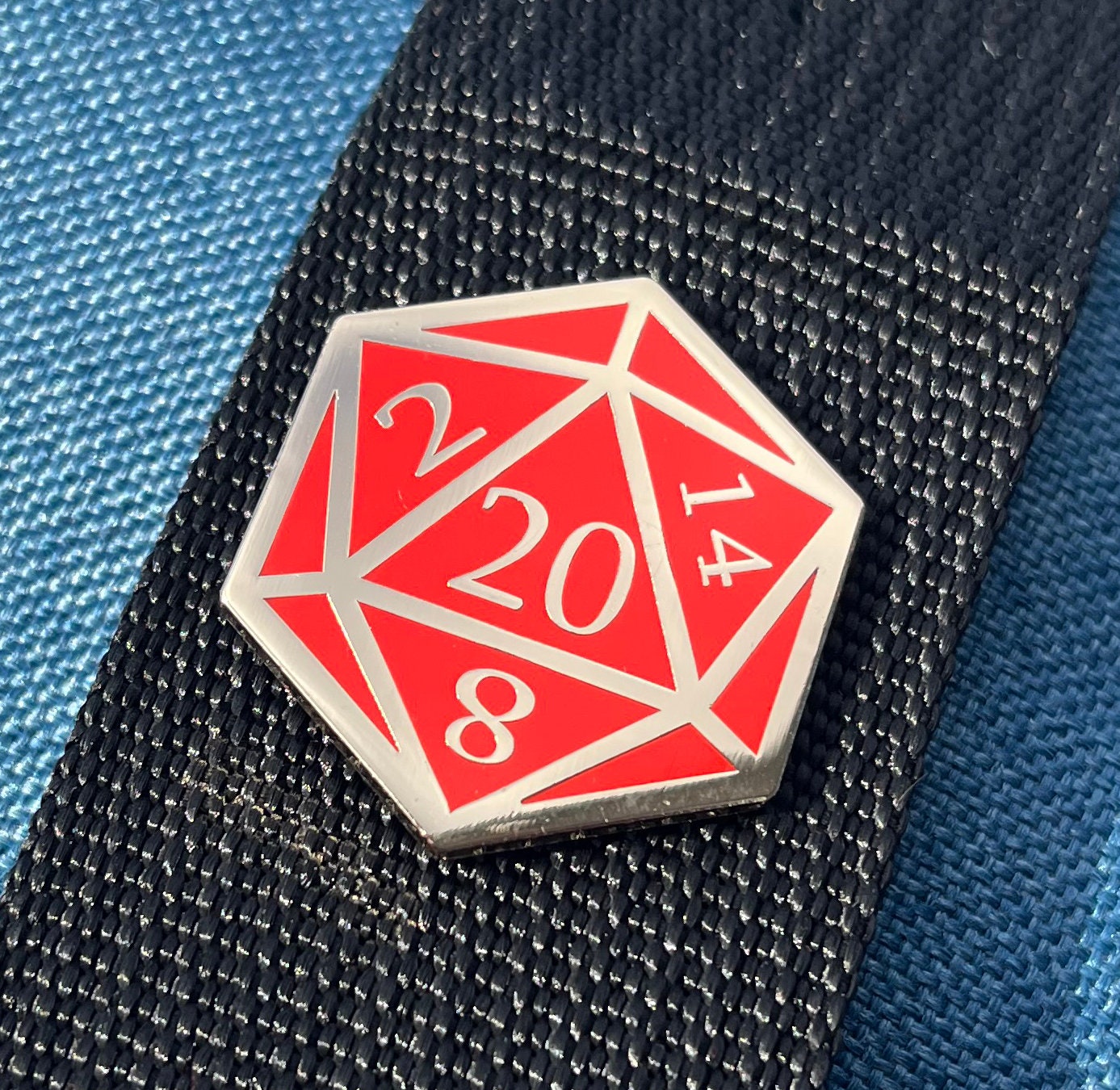 Red and Gold D20 Dice Enamel Pin – Tabletop RPG Lapel Pin for Gamers and Dungeon Masters