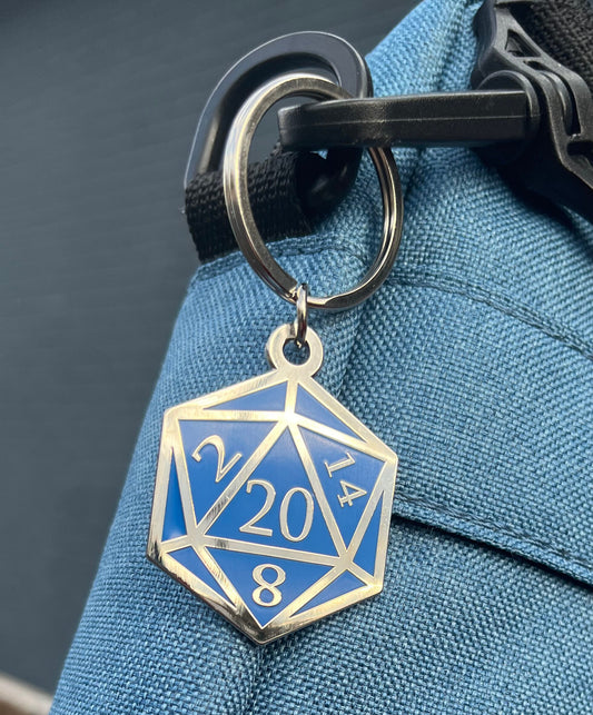 Blue and Silver D20 Dice DnD Enamel Keychain with Keyring