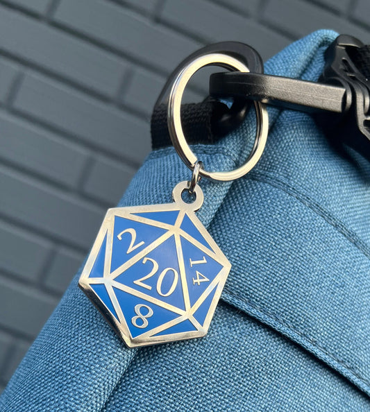 Blue and Silver D20 Dice DnD Enamel Keychain with Keyring