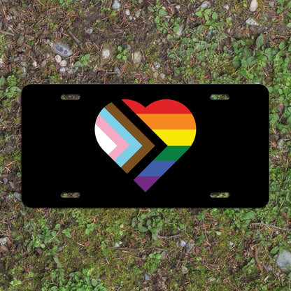 Heart Progress Pride Flag LGBTQ POC Transgender Flag - Vibrant Color Aluminum License Plate (Black Plate)