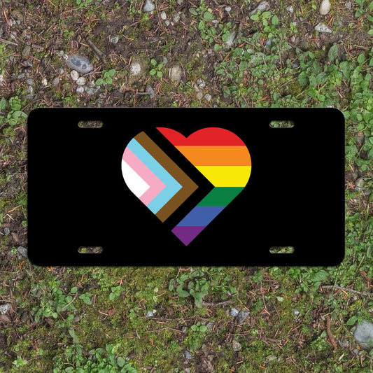 Heart Progress Pride Flag LGBTQ POC Transgender Flag - Vibrant Color Aluminum License Plate (Black Plate)