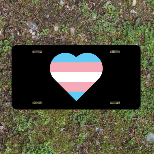 Heart Transgender Pride Flag LGBTQ+ - Vibrant Color Aluminum License Plate (Black Plate)