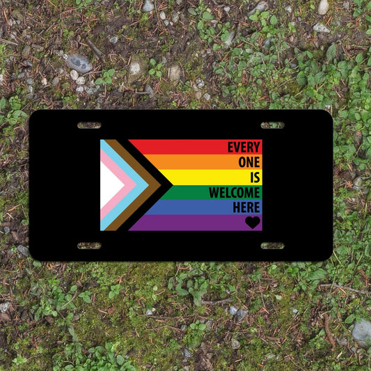Every One Is Welcome Here Progress Pride Flag LGBTQ POC Transgender Flag - Vibrant Color Aluminum License Plate (Black Plate)