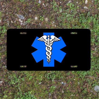 Caduceus Star of Life Symbol EMS EMT Medic - Vibrant Color Aluminum License Plate (Black Plate)