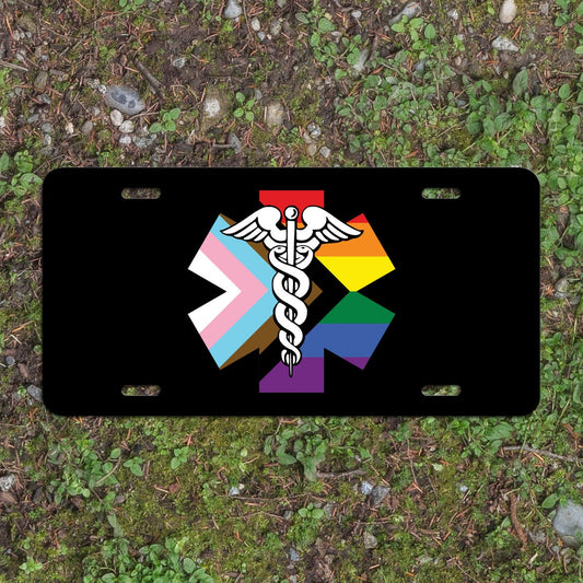 Caduceus Progress Pride Flag LGBTQ POC Transgender Flag Medical Personnel - Vibrant Color Aluminum License Plate (Black Plate)