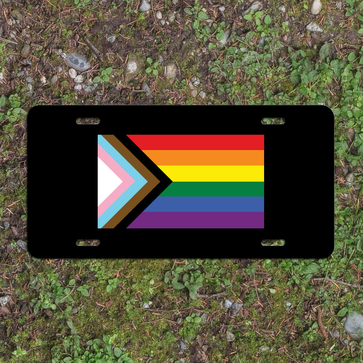 Progress Pride Flag LGBTQ POC Transgender Flag - Vibrant Color Aluminum License Plate (Black Plate)