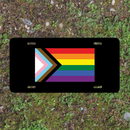 Progress Pride Flag LGBTQ POC Transgender Flag - Vibrant Color Aluminum License Plate (Black Plate)
