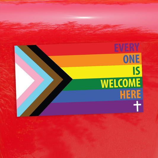 Christian Cross Every One Is Welcome Here Progress Pride Flag - Vibrant Color Vinyl Decal Sticker