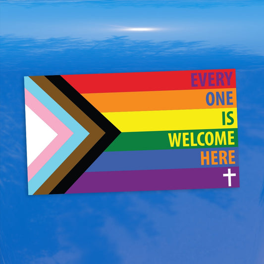 Christian Cross Every One Is Welcome Here Progress Pride Flag - Vibrant Color Vinyl Decal Sticker