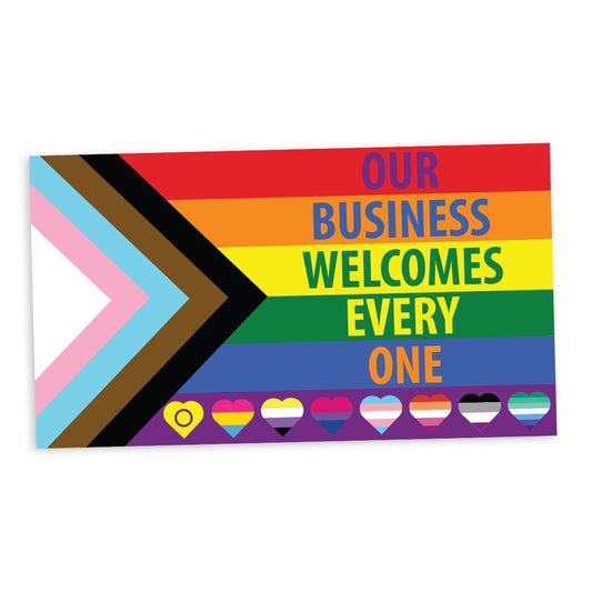 Pride Flag Hearts Our Business Welcomes Everyone Progress Pride Flag - Vibrant Static Cling Window Cling - Indoor or Outdoor!