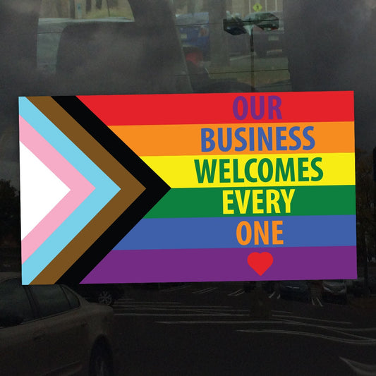 Our Business Welcomes Everyone Progress Pride Flag Red Heart - Vibrant Static Cling Window Cling - Indoor or Outdoor!