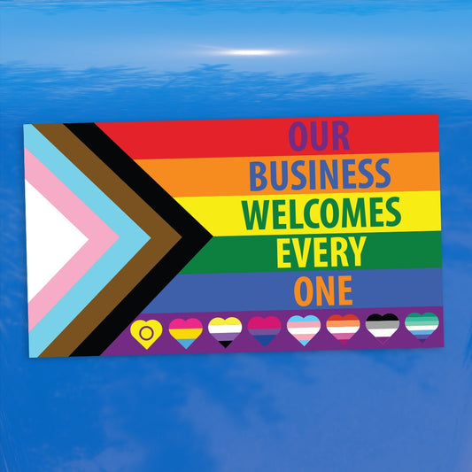 Pride Flag Hearts Our Business Welcomes Everyone Progress Pride Flag - Vibrant Color Vinyl Decal Sticker