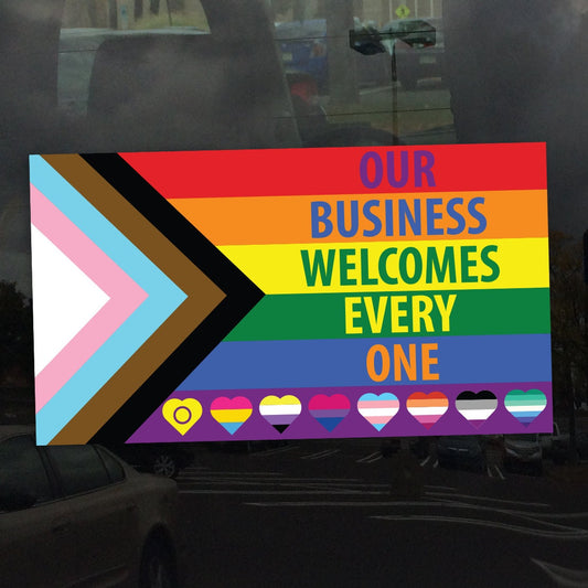 Pride Flag Hearts Our Business Welcomes Everyone Progress Pride Flag - Vibrant Color Vinyl Decal Sticker