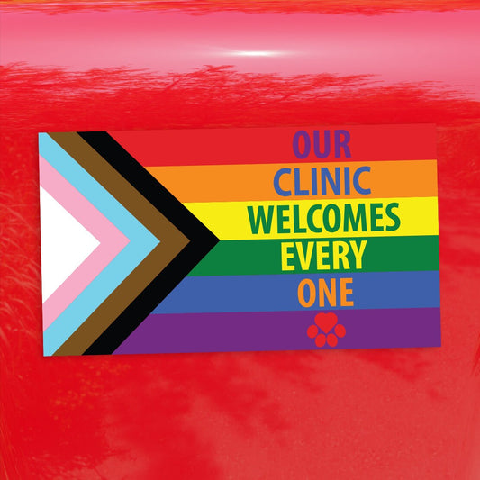Our Clinic Welcomes Everyone Progress Pride Flag Heart Paw - Vibrant Color Vinyl Decal Sticker