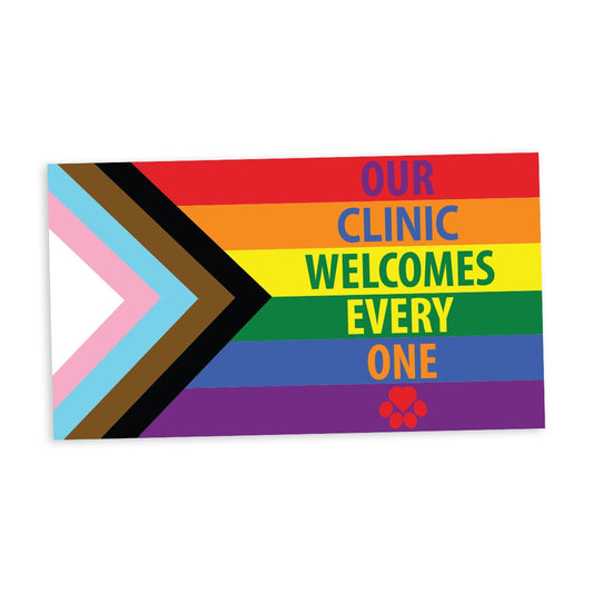 Our Clinic Welcomes Everyone Progress Pride Flag Heart Paw - Vibrant Static Cling Window Cling Indoor and Outdoor!