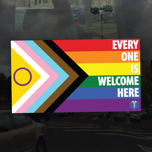 Medical Progress Pride Flag Every One Is Welcome Here LGBTQ POC Trans White Text - Vibrant Static Cling Window Cling - Indoor or Outdoor!